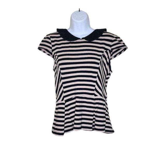 Vintage Y2K Cap Sleeve Peplum Striped Top Womens L Black White Pinup Demure - Picture 1 of 6